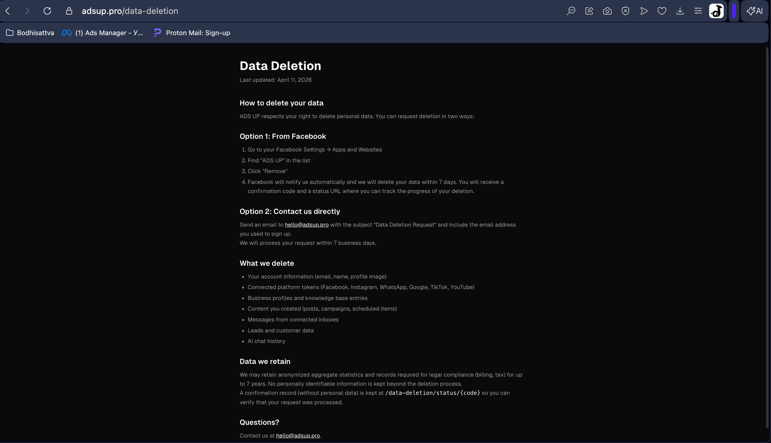 AdsUp data deletion page